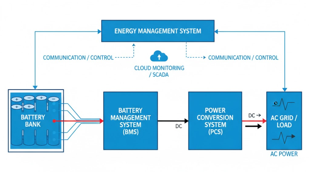 key-comonents-of-CI-BESS - 24x7 DIY Diagram of key components in a C&I BESS system